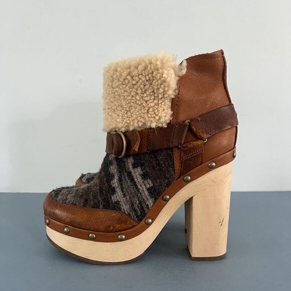 Woolrich x Anthropologie Artist Wool Shearling Platform Wood Heel Booties - Picture 4 of 10